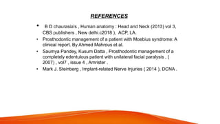 REFERENCES
• B D chaurasia’s , Human anatomy : Head and Neck (2013) vol 3,
CBS publishers , New delhi.c2018 ), ACP, LA.
• Prosthodontic management of a patient with Moebius syndrome: A
clinical report. By Ahmed Mahrous et al.
• Saumya Pandey, Kusum Datta , Prosthodontic management of a
completely edentulous patient with unilateral facial paralysis , (
2007) , vol7 , issue 4 , Amrister .
• Mark J. Steinberg , Implant-related Nerve Injuries ( 2014 ), DCNA .
 
