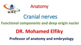 Cranial nerves
Functional components and deep origin nuclei
Anatomy
DR. Mohamed Elfiky
Professor of anatomy and embryology
 