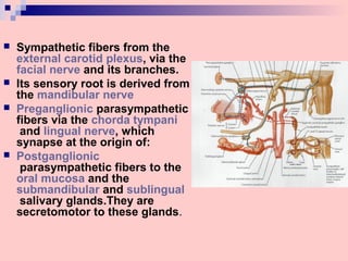  Sympathetic fibers from the
external carotid plexus, via the
facial nerve and its branches.
 Its sensory root is derived from
the mandibular nerve
 Preganglionic parasympathetic
fibers via the chorda tympani
and lingual nerve, which
synapse at the origin of:
 Postganglionic
parasympathetic fibers to the
oral mucosa and the
submandibular and sublingual
salivary glands.They are
secretomotor to these glands.
 