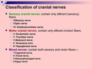 Classification of cranial nerves
 Sensory cranial nerves: contain only afferent (sensory)
fibers
 ⅠOlfactory nerve
 ⅡOptic nerve
 Ⅷ Vestibulocochlear nerve
 Motor cranial nerves: contain only efferent (motor) fibers
 Ⅲ Oculomotor nerve
 Ⅳ Trochlear nerve
 ⅥAbducent nerve
 Ⅺ Accessory nerv
 Ⅻ Hypoglossal nerve
 Mixed nerves: contain both sensory and motor fibers---
 ⅤTrigeminal nerve,
 Ⅶ Facial nerve,
 ⅨGlossopharyngeal nerve
 ⅩVagus nerve
 