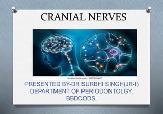 CRANIAL NERVES
PRESENTED BY-DR SURBHI SINGH(JR-I)
DEPARTMENT OF PERIODONTOLGY.
BBDCODS.
 