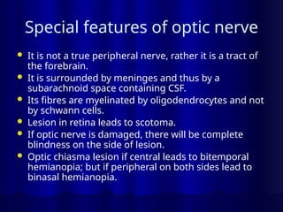 Special features of optic nerve
 It is not a true peripheral nerve, rather it is a tract of
the forebrain.
 It is surrounded by meninges and thus by a
subarachnoid space containing CSF.
 Its fibres are myelinated by oligodendrocytes and not
by schwann cells.
 Lesion in retina leads to scotoma.
 If optic nerve is damaged, there will be complete
blindness on the side of lesion.
 Optic chiasma lesion if central leads to bitemporal
hemianopia; but if peripheral on both sides lead to
binasal hemianopia.
 