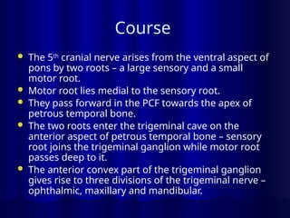Course
 The 5th
cranial nerve arises from the ventral aspect of
pons by two roots – a large sensory and a small
motor root.
 Motor root lies medial to the sensory root.
 They pass forward in the PCF towards the apex of
petrous temporal bone.
 The two roots enter the trigeminal cave on the
anterior aspect of petrous temporal bone – sensory
root joins the trigeminal ganglion while motor root
passes deep to it.
 The anterior convex part of the trigeminal ganglion
gives rise to three divisions of the trigeminal nerve –
ophthalmic, maxillary and mandibular.
 