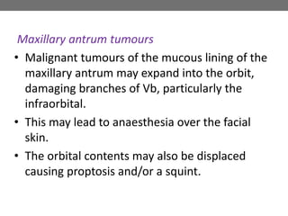 Maxillary antrum tumours
• Malignant tumours of the mucous lining of the
maxillary antrum may expand into the orbit,
damaging branches of Vb, particularly the
infraorbital.
• This may lead to anaesthesia over the facial
skin.
• The orbital contents may also be displaced
causing proptosis and/or a squint.
 