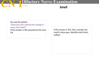 You ask the patient
“Have you ever noticed any change in
sense and smell?”
If the answer is NO, proceed to the next
CN
SmellCN 1Olfactory Nerve Examination
CN I
If the answer is YES, Test: occlude one
nostril, close eyes, identify smell (mint,
coffee)
 