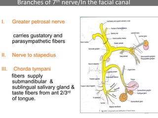 131
I. Greater petrosal nerve
carries gustatory and
parasympathetic fibers
II. Nerve to stapedius
III. Chorda tympani
fibers supply
submandibular &
sublingual salivary gland &
taste fibers from ant 2/3rd
of tongue.
Branches of 7th nerve/In the facial canal
 