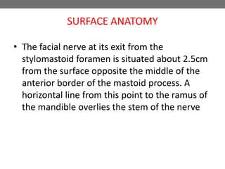 SURFACE ANATOMY
• The facial nerve at its exit from the
stylomastoid foramen is situated about 2.5cm
from the surface opposite the middle of the
anterior border of the mastoid process. A
horizontal line from this point to the ramus of
the mandible overlies the stem of the nerve
 