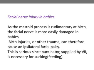 Facial nerve injury in babies
As the mastoid process is rudimentary at birth,
the facial nerve is more easily damaged in
babies.
Birth injuries, or other trauma, can therefore
cause an ipsilateral facial palsy.
This is serious since buccinator, supplied by VII,
is necessary for sucking(feeding).
 