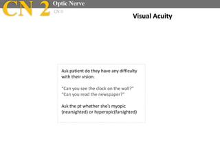 Ask patient do they have any difficulty
with their vision.
“Can you see the clock on the wall?”
“Can you read the newspaper?”
Ask the pt whether she’s myopic
(nearsighted) or hyperopic(farsighted)
Visual AcuityCN 2Optic Nerve
CN II
 