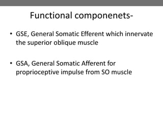 Functional componenets-
• GSE, General Somatic Efferent which innervate
the superior oblique muscle
• GSA, General Somatic Afferent for
proprioceptive impulse from SO muscle
 
