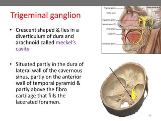 Trigeminal ganglion
• Crescent shaped & lies in a
diverticulum of dura and
arachnoid called meckel’s
cavity
• Situated partly in the dura of
lateral wall of the cavernous
sinus, partly on the anterior
wall of temporal pyramid &
partly above the fibro
cartilage that fills the
lacerated foramen.
68
 