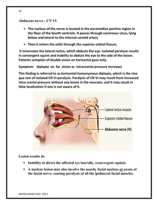 19
MAGDI AWAD SASI 2013
Abducens nerve - CN VI
 The nucleus of the nerve is located in the paramedian pontine region in
the floor of the fourth ventricle. It passes through cavernous sinus, lying
below and lateral to the internal carotid artery
 Then it enters the orbit through the superior orbital fissure.
It innervates the lateral rectus, which abducts the eye. Isolated paralysis results
in convergent squint and inability to abduct the eye to the side of the lesion.
Patients complain of double vision on horizontal gaze only.
Symptom- diplopia on far vision as intracranial pressure increases
This finding is referred to as horizontal homonymous diplopia, which is the sine
qua non of isolated CN VI paralysis. Paralysis of CN VI may result from increased
intra cranial pressure without any lesion in the neuraxis, and it may result in
false localization if one is not aware of it.
Lesion results in:
 Inability to direct the affected eye laterally. (convergent squint).
 A nuclear lesion may also involve the nearby facial nucleus or axons of
the facial nerve, causing paralysis of all the ipsilateral facial muscles.
 