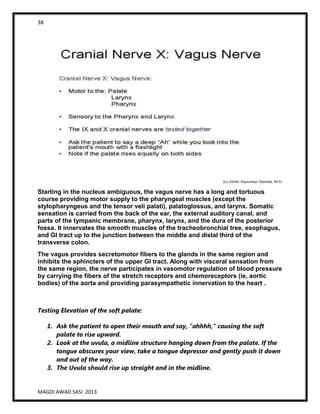 38
MAGDI AWAD SASI 2013
Starting in the nucleus ambiguous, the vagus nerve has a long and tortuous
course providing motor supply to the pharyngeal muscles (except the
stylopharyngeus and the tensor veli palati), palatoglossus, and larynx. Somatic
sensation is carried from the back of the ear, the external auditory canal, and
parts of the tympanic membrane, pharynx, larynx, and the dura of the posterior
fossa. It innervates the smooth muscles of the tracheobronchial tree, esophagus,
and GI tract up to the junction between the middle and distal third of the
transverse colon.
The vagus provides secretomotor fibers to the glands in the same region and
inhibits the sphincters of the upper GI tract. Along with visceral sensation from
the same region, the nerve participates in vasomotor regulation of blood pressure
by carrying the fibers of the stretch receptors and chemoreceptors (ie, aortic
bodies) of the aorta and providing parasympathetic innervation to the heart .
Testing Elevation of the soft palate:
1. Ask the patient to open their mouth and say, "ahhhh," causing the soft
palate to rise upward.
2. Look at the uvula, a midline structure hanging down from the palate. If the
tongue obscures your view, take a tongue depressor and gently push it down
and out of the way.
3. The Uvula should rise up straight and in the midline.
 