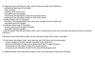 5) Trigeminal nerve-cell bodies of origin, paths and bony openings of its subdivisions
ophthalmic division area of innervation
major branches
branches of the frontal nerve
associated autonomic ganglia
components and cell bodies of origin for long ciliary nerves
components and cell bodies of origin for short ciliary nerves
maxillary division area of innervation
branches in the pterygopalatine fossa, oral cavity, maxillary sinus and nasal cavity
associated autonomic ganglion
mandibular division area of innervation
sensory branches and muscles innervated
associated autonomic ganglia
Know the location that autonomic fibers “hitch a ride” on specific parts of the nerve and when they leave the nerve to innervate
a structure
6) Abducens nerve-cell bodies of origin, its bony opening and path to the muscle it innervates
7) Facial nerve-cell bodies of origin, bony openings, path of its fibers to its terminal targets
sensory targets and somatic muscles innervated by the facial nerve
autonomic cell bodies of origin and complete path of fibers to target structures
components and cell bodies of origin of the chorda tympani
components and cell bodies of origin for the nerve of the pterygoid canal
8) Vestibulocochlear nerve-cell bodies of origin, its path, bony openings and structures innervated
 