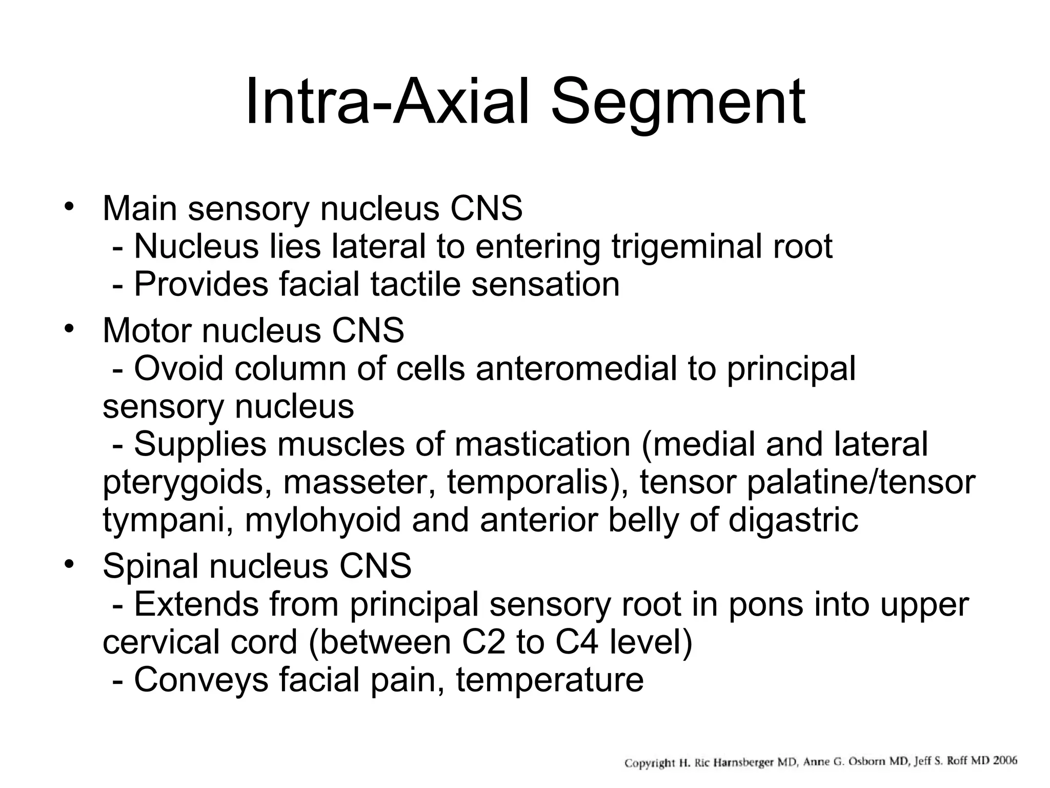 Intra-Axial Segment
• Main sensory nucleus CNS
- Nucleus lies lateral to entering trigeminal root
- Provides facial tactile sensation
• Motor nucleus CNS
- Ovoid column of cells anteromedial to principal
sensory nucleus
- Supplies muscles of mastication (medial and lateral
pterygoids, masseter, temporalis), tensor palatine/tensor
tympani, mylohyoid and anterior belly of digastric
• Spinal nucleus CNS
- Extends from principal sensory root in pons into upper
cervical cord (between C2 to C4 level)
- Conveys facial pain, temperature
 