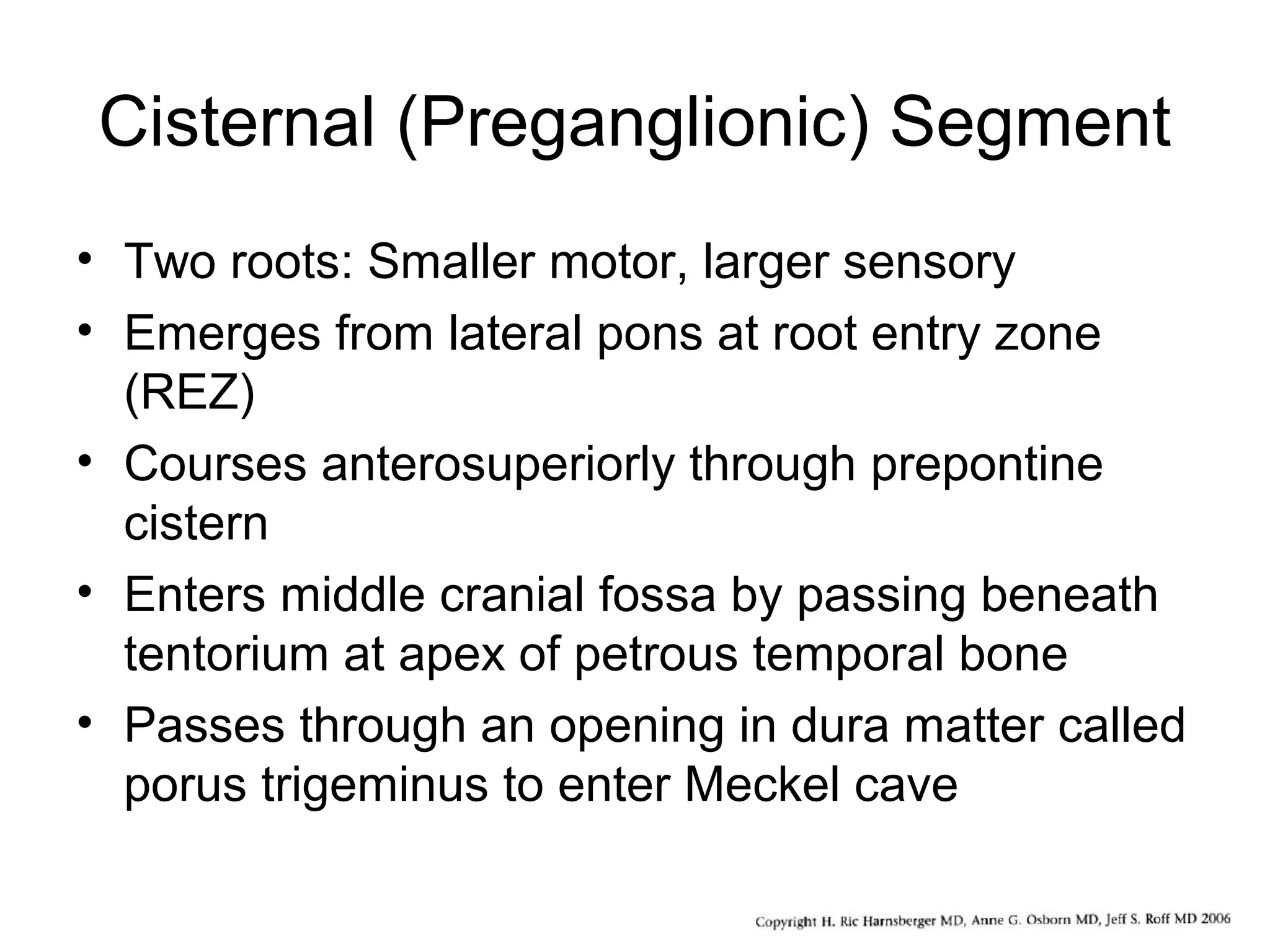 Cisternal (Preganglionic) Segment
• Two roots: Smaller motor, larger sensory
• Emerges from lateral pons at root entry zone
(REZ)
• Courses anterosuperiorly through prepontine
cistern
• Enters middle cranial fossa by passing beneath
tentorium at apex of petrous temporal bone
• Passes through an opening in dura matter called
porus trigeminus to enter Meckel cave
 