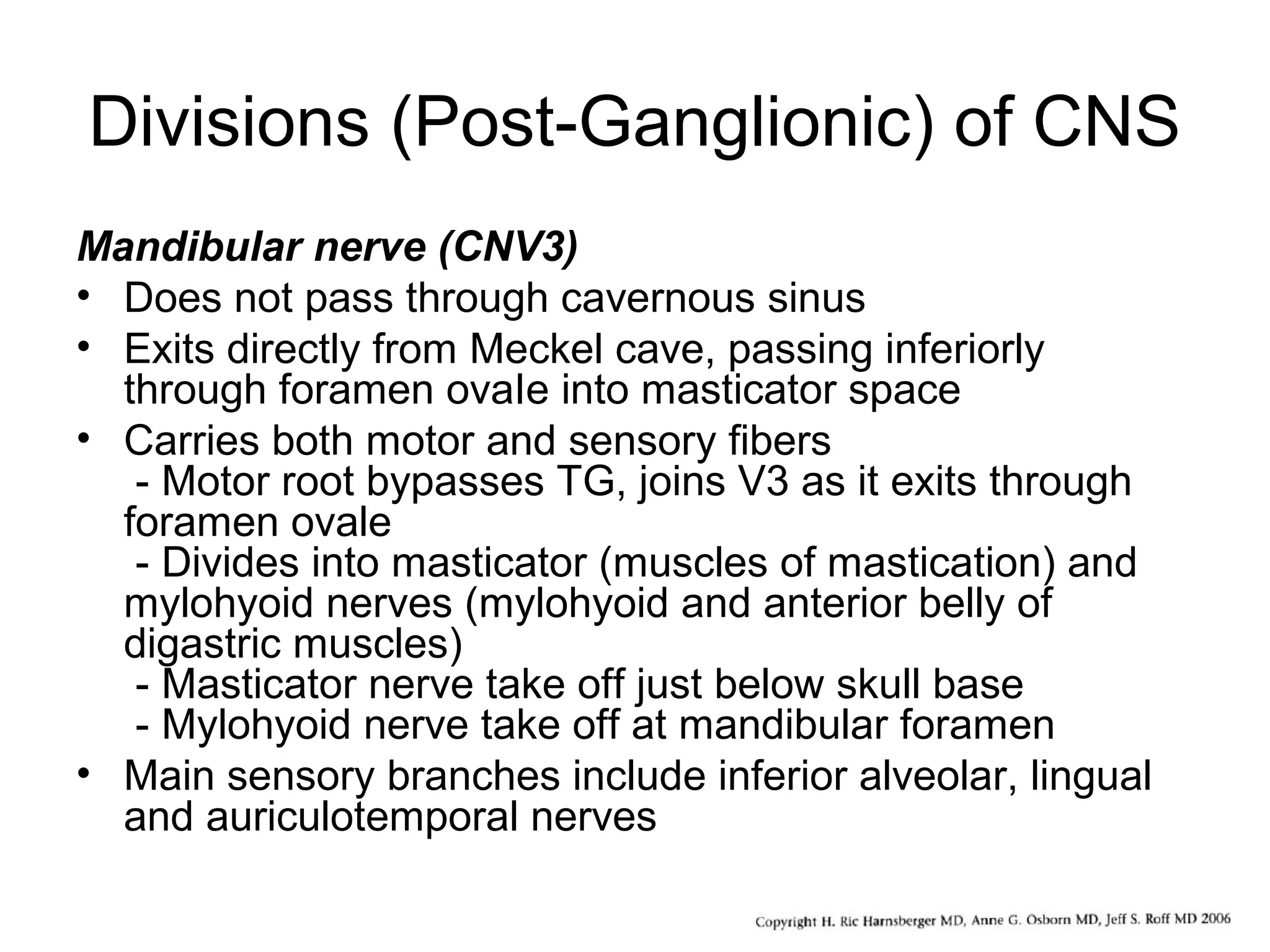 Divisions (Post-Ganglionic) of CNS
Mandibular nerve (CNV3)
• Does not pass through cavernous sinus
• Exits directly from Meckel cave, passing inferiorly
through foramen ovaIe into masticator space
• Carries both motor and sensory fibers
- Motor root bypasses TG, joins V3 as it exits through
foramen ovale
- Divides into masticator (muscles of mastication) and
mylohyoid nerves (mylohyoid and anterior belly of
digastric muscles)
- Masticator nerve take off just below skull base
- Mylohyoid nerve take off at mandibular foramen
• Main sensory branches include inferior alveolar, lingual
and auriculotemporal nerves
 