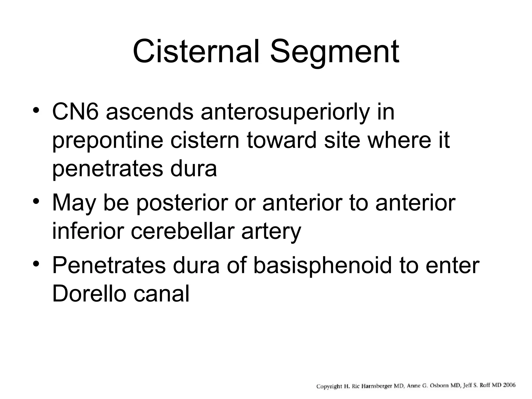 Cisternal Segment
• CN6 ascends anterosuperiorly in
prepontine cistern toward site where it
penetrates dura
• May be posterior or anterior to anterior
inferior cerebellar artery
• Penetrates dura of basisphenoid to enter
Dorello canal
 