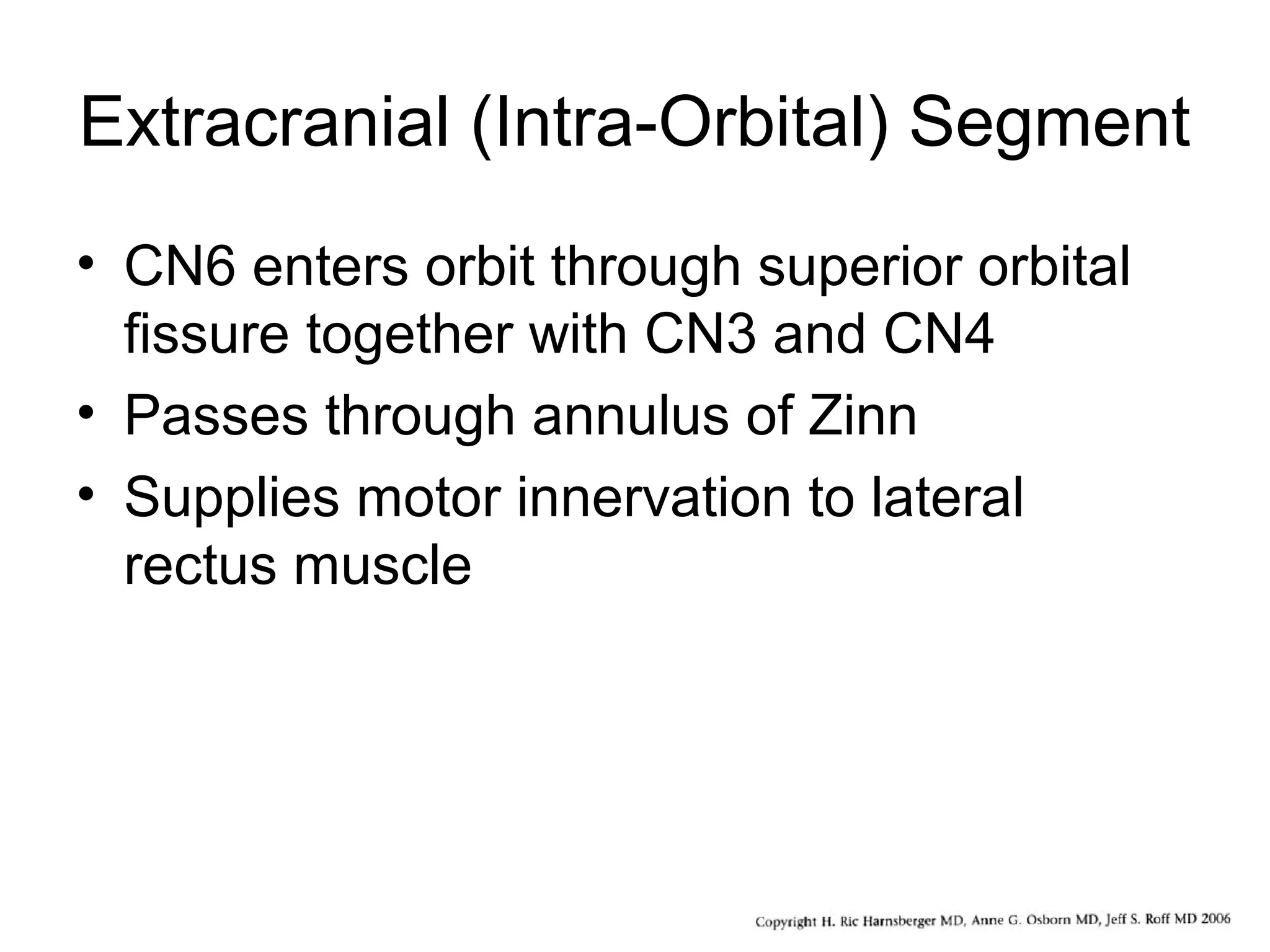Extracranial (Intra-Orbital) Segment
• CN6 enters orbit through superior orbital
fissure together with CN3 and CN4
• Passes through annulus of Zinn
• Supplies motor innervation to lateral
rectus muscle
 