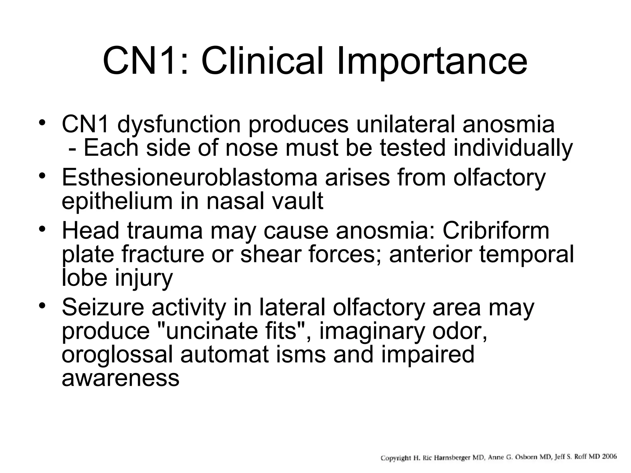 CN1: Clinical Importance
• CN1 dysfunction produces unilateral anosmia
- Each side of nose must be tested individually
• Esthesioneuroblastoma arises from olfactory
epithelium in nasal vault
• Head trauma may cause anosmia: Cribriform
plate fracture or shear forces; anterior temporal
lobe injury
• Seizure activity in lateral olfactory area may
produce "uncinate fits", imaginary odor,
oroglossal automat isms and impaired
awareness
 