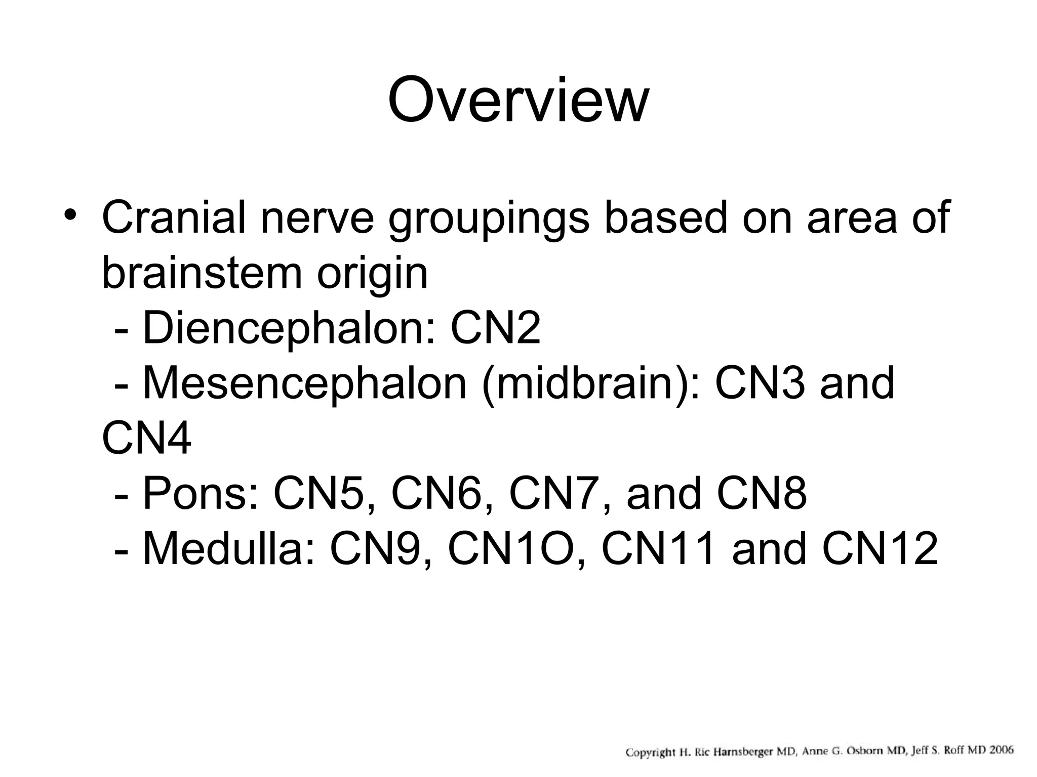Overview
• Cranial nerve groupings based on area of
brainstem origin
- Diencephalon: CN2
- Mesencephalon (midbrain): CN3 and
CN4
- Pons: CN5, CN6, CN7, and CN8
- Medulla: CN9, CN1O, CN11 and CN12
 