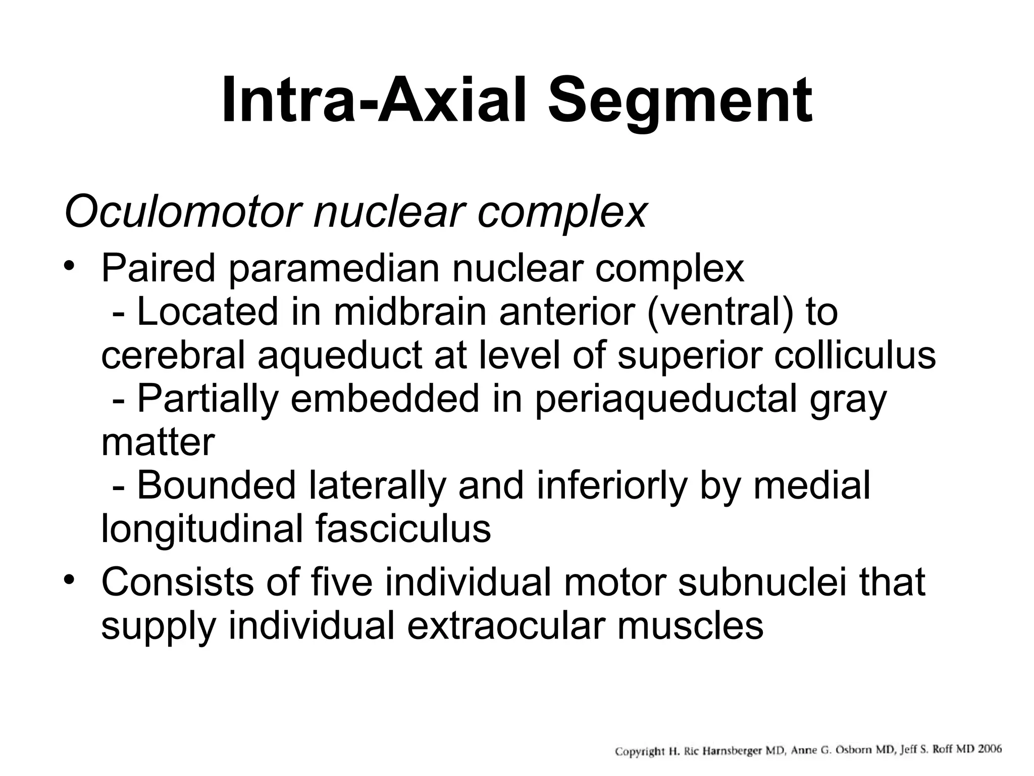 Intra-Axial Segment
Oculomotor nuclear complex
• Paired paramedian nuclear complex
- Located in midbrain anterior (ventral) to
cerebral aqueduct at level of superior colliculus
- Partially embedded in periaqueductal gray
matter
- Bounded laterally and inferiorly by medial
longitudinal fasciculus
• Consists of five individual motor subnuclei that
supply individual extraocular muscles
 