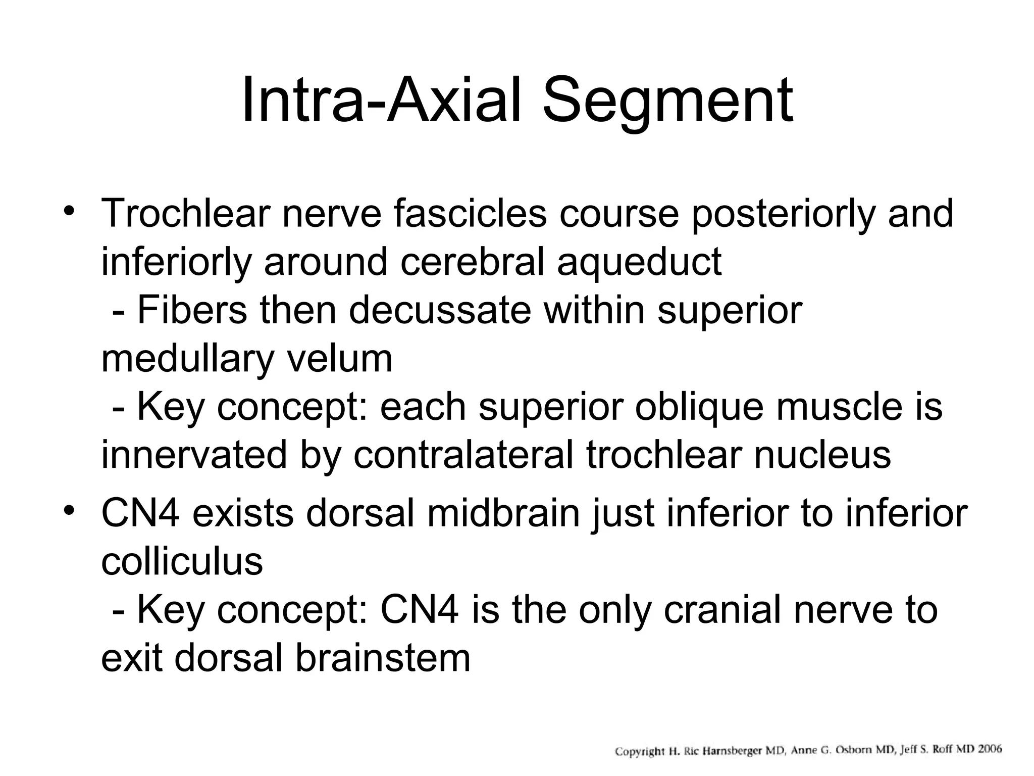 Intra-Axial Segment
• Trochlear nerve fascicles course posteriorly and
inferiorly around cerebral aqueduct
- Fibers then decussate within superior
medullary velum
- Key concept: each superior oblique muscle is
innervated by contralateral trochlear nucleus
• CN4 exists dorsal midbrain just inferior to inferior
colliculus
- Key concept: CN4 is the only cranial nerve to
exit dorsal brainstem
 