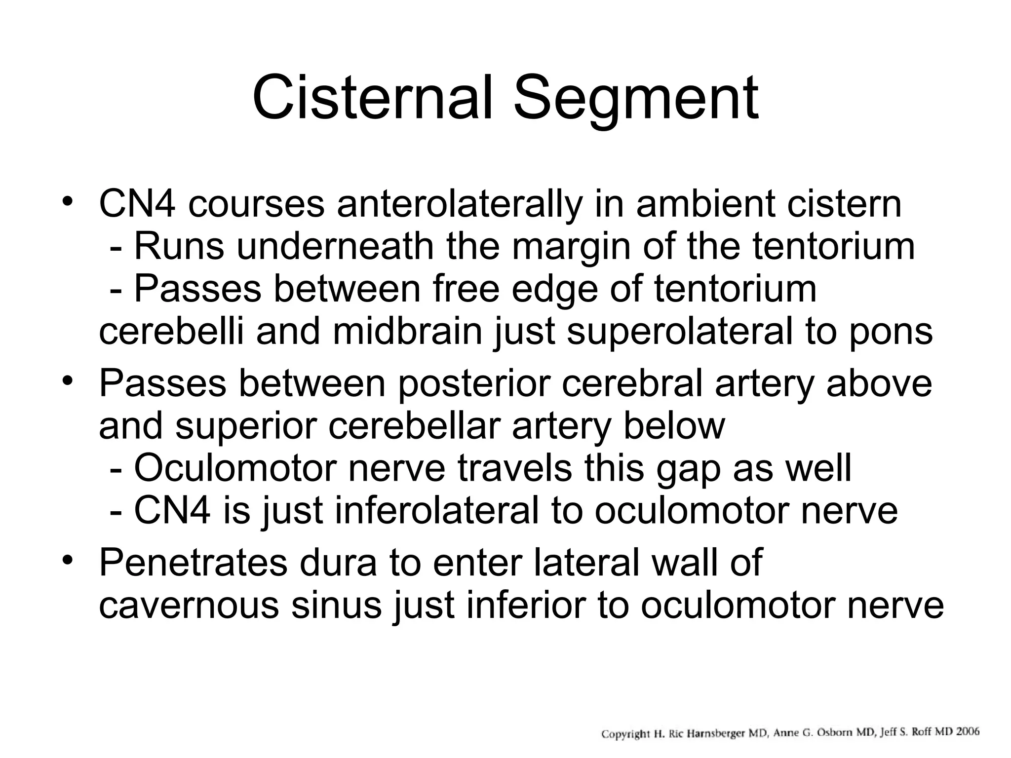 Cisternal Segment
• CN4 courses anterolaterally in ambient cistern
- Runs underneath the margin of the tentorium
- Passes between free edge of tentorium
cerebelli and midbrain just superolateral to pons
• Passes between posterior cerebral artery above
and superior cerebellar artery below
- Oculomotor nerve travels this gap as well
- CN4 is just inferolateral to oculomotor nerve
• Penetrates dura to enter lateral wall of
cavernous sinus just inferior to oculomotor nerve
 