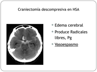 Craniectomía descompresiva en HSA
 Edema cerebral
 Produce Radicales
libres, Pg
 Vasoespasmo
 