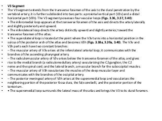 • V3 Segment
• The V3 segment extends from the transverse foramen of the axis to the dural penetration by the
• vertebral artery; it is further subdivided into two parts: a proximal vertical part (V3v) and a distal
• horizontal part (V3h). The V3 segment possesses four vascular loops (Figs. 3.36, 3.37, 3.40):
• • The inferomedial loop appears at the transverse foramen of the axis and directs the artery laterally
• and slightly posteriorly and upward.
• • The inferolateral loop directs the artery distinctly upward and slightly anterior, toward the
• transverse foramen of the atlas.
• • The superolateral loop is located at the point where the V3v turns into a horizontal position in the
• sulcus of the posterior arch of the atlas and becomes V3h (Figs. 3.38a, 3.39a, 3.40). The V3v and
• V3h parts each have two constant branches:
• – The muscular artery of V3v arises at the inferolateral arterial loop; it communicates with the
• branches of the ascending pharyngeal artery.
• – The radiculomuscular artery of V3v arises below the transverse foramen of the atlas, and gives
• rise to the medial branch (a radiculomedullary artery) vascularizing the C2 ganglion, the C2
• nerve and the spinal cord; and the lateral branch, a muscular branch for the suboccipital muscles.
• – The muscular artery of V3h vascularizes the muscles of the deep muscular layer and
• communicates with the branches of the occipital artery.
• – The posterior meningeal artery of V3h arises at the superomedial loop and vascularizes the
• neighboring portion of the posterior fossa dura, the falx cerebelli, and the posterior portion of the
• tentorium.
• • The superomedial loop surrounds the lateral mass of the atlas and brings the V3 to its dural foramen.
 