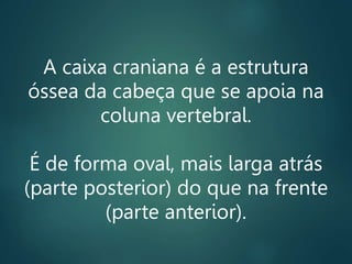 A caixa craniana é a estrutura
óssea da cabeça que se apoia na
coluna vertebral.
É de forma oval, mais larga atrás
(parte posterior) do que na frente
(parte anterior).
 
