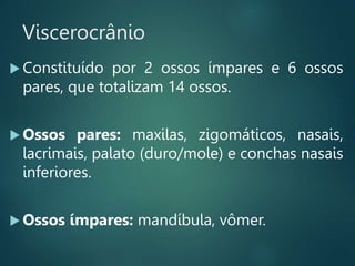 Viscerocrânio
 Constituído por 2 ossos ímpares e 6 ossos
pares, que totalizam 14 ossos.
 Ossos pares: maxilas, zigomáticos, nasais,
lacrimais, palato (duro/mole) e conchas nasais
inferiores.
 Ossos ímpares: mandíbula, vômer.
 