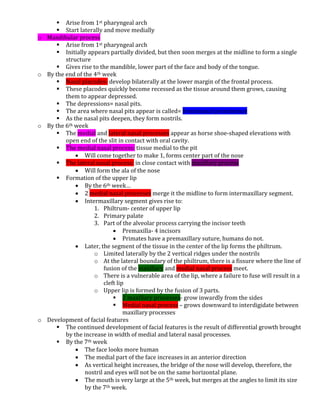  Arise from 1st pharyngeal arch
 Start laterally and move medially
o Mandibular process
 Arise from 1st pharyngeal arch
 Initially appears partially divided, but then soon merges at the midline to form a single
structure
 Gives rise to the mandible, lower part of the face and body of the tongue.
o By the end of the 4th week
 Nasal placodes- develop bilaterally at the lower margin of the frontal process.
 These placodes quickly become recessed as the tissue around them grows, causing
them to appear depressed.
 The depressions= nasal pits.
 The area where nasal pits appear is called= frontonasal prominence
 As the nasal pits deepen, they form nostrils.
o By the 6th week
 The medial and lateral nasal processes appear as horse shoe-shaped elevations with
open end of the slit in contact with oral cavity.
 The medial nasal process: tissue medial to the pit
 Will come together to make 1, forms center part of the nose
 The lateral nasal process: in close contact with maxillary process
 Will form the ala of the nose
 Formation of the upper lip
 By the 6th week…
 2 medial nasal processes merge it the midline to form intermaxillary segment.
 Intermaxillary segment gives rise to:
1. Philtrum- center of upper lip
2. Primary palate
3. Part of the alveolar process carrying the incisor teeth
 Premaxilla- 4 incisors
 Primates have a premaxillary suture, humans do not.
 Later, the segment of the tissue in the center of the lip forms the philtrum.
o Limited laterally by the 2 vertical ridges under the nostrils
o At the lateral boundary of the philtrum, there is a fissure where the line of
fusion of the maxillary and medial nasal process meet.
o There is a vulnerable area of the lip, where a failure to fuse will result in a
cleft lip
o Upper lip is formed by the fusion of 3 parts.
 2 maxillary processes- grow inwardly from the sides
 Medial nasal process – grows downward to interdigidate between
maxillary processes
o Development of facial features
 The continued development of facial features is the result of differential growth brought
by the increase in width of medial and lateral nasal processes.
 By the 7th week
 The face looks more human
 The medial part of the face increases in an anterior direction
 As vertical height increases, the bridge of the nose will develop, therefore, the
nostril and eyes will not be on the same horizontal plane.
 The mouth is very large at the 5th week, but merges at the angles to limit its size
by the 7th week.
 