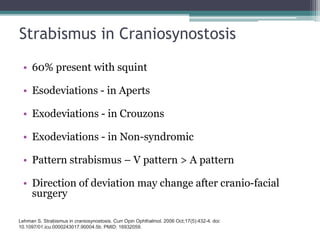 Strabismus in Craniosynostosis
• 60% present with squint
• Esodeviations - in Aperts
• Exodeviations - in Crouzons
• Exodeviations - in Non-syndromic
• Pattern strabismus – V pattern > A pattern
• Direction of deviation may change after cranio-facial
surgery
Lehman S. Strabismus in craniosynostosis. Curr Opin Ophthalmol. 2006 Oct;17(5):432-4. doi:
10.1097/01.icu.0000243017.90004.5b. PMID: 16932059.
 