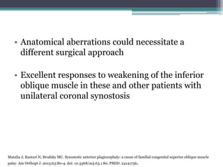 • Anatomical aberrations could necessitate a
different surgical approach
• Excellent responses to weakening of the inferior
oblique muscle in these and other patients with
unilateral coronal synostosis
Matalia J, Kasturi N, Brodsky MC. Synostotic anterior plagiocephaly: a cause of familial congenital superior oblique muscle
palsy. Am Orthopt J. 2013;63:80-4. doi: 10.3368/aoj.63.1.80. PMID: 24141756.
 