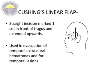 CUSHING’S LINEAR FLAP-
• Straight incision marked 1
cm in front of tragus and
extended upwards.
• Used in evacuation of
temporal extra dural
hematomas and for
temporal lesions.
 