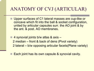 ANATOMY OF CVJ (ARTICULAR)
Upper surfaces of C1 lateral masses are cup-like or
concave which fit into the ball & socket configuration,
united by articular capsules surr. the AO joint & by
the ant. & post. AO membranes.
4 synovial joints b/w atlas & axis –
2 median – front & back of dens (Pivot variety)
2 lateral – b/w opposing articular facets(Plane variety)
Each joint has its own capsule & synovial cavity.
 