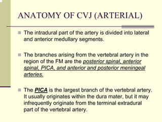 ANATOMY OF CVJ (ARTERIAL)
The intradural part of the artery is divided into lateral
and anterior medullary segments.
The branches arising from the vertebral artery in the
region of the FM are the posterior spinal, anterior
spinal, PICA, and anterior and posterior meningeal
arteries.
The PICA is the largest branch of the vertebral artery.
It usually originates within the dura mater, but it may
infrequently originate from the terminal extradural
part of the vertebral artery.
 