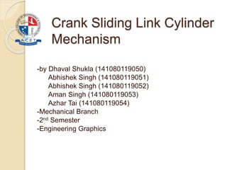 Crank Sliding Link Cylinder
Mechanism
-by Dhaval Shukla (141080119050)
Abhishek Singh (141080119051)
Abhishek Singh (141080119052)
Aman Singh (141080119053)
Azhar Tai (141080119054)
-Mechanical Branch
-2nd Semester
-Engineering Graphics
 