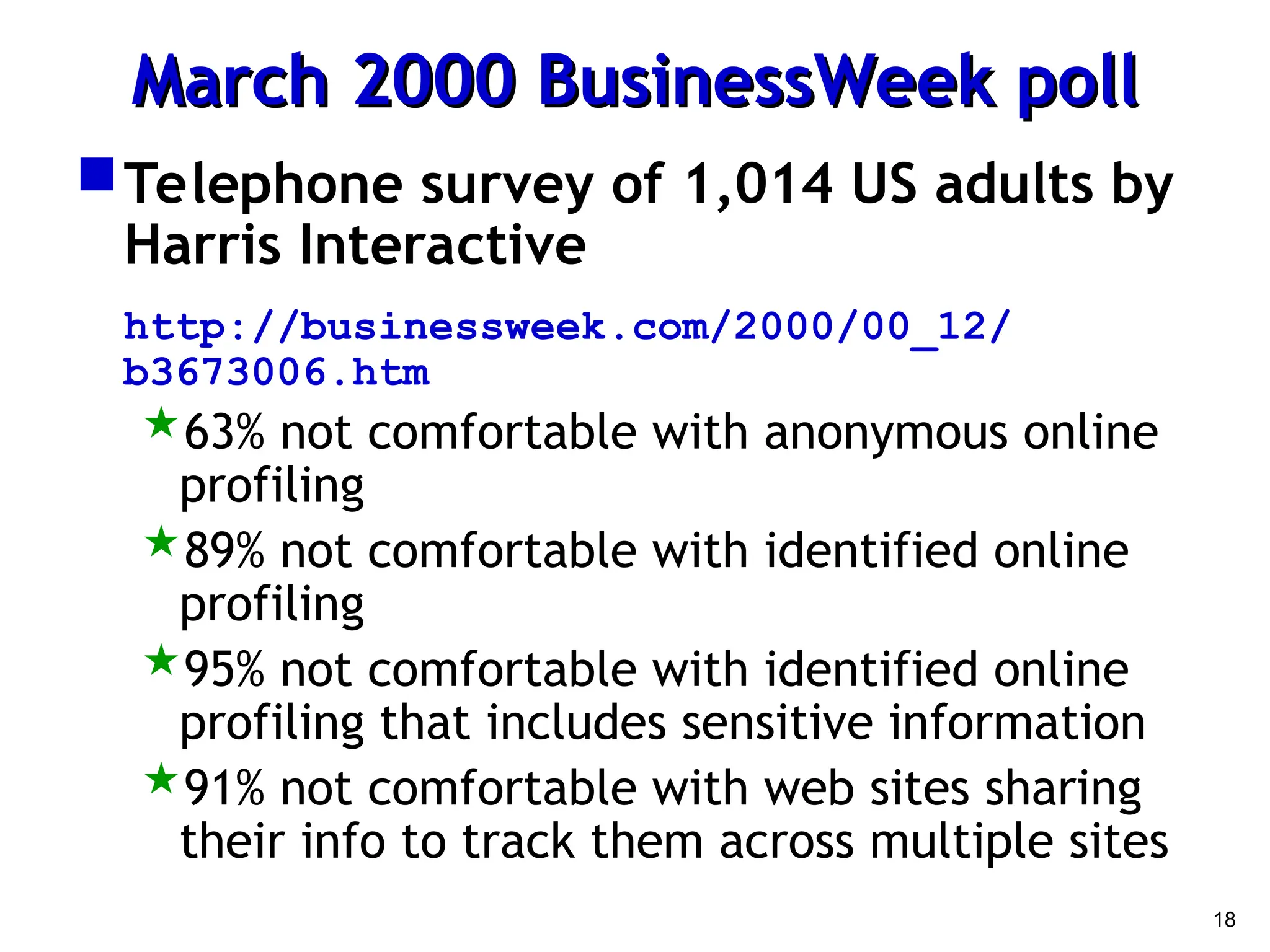 18
March 2000 BusinessWeek poll
March 2000 BusinessWeek poll
Telephone survey of 1,014 US adults by
Harris Interactive
http://businessweek.com/2000/00_12/
b3673006.htm
63% not comfortable with anonymous online
profiling
89% not comfortable with identified online
profiling
95% not comfortable with identified online
profiling that includes sensitive information
91% not comfortable with web sites sharing
their info to track them across multiple sites
 
