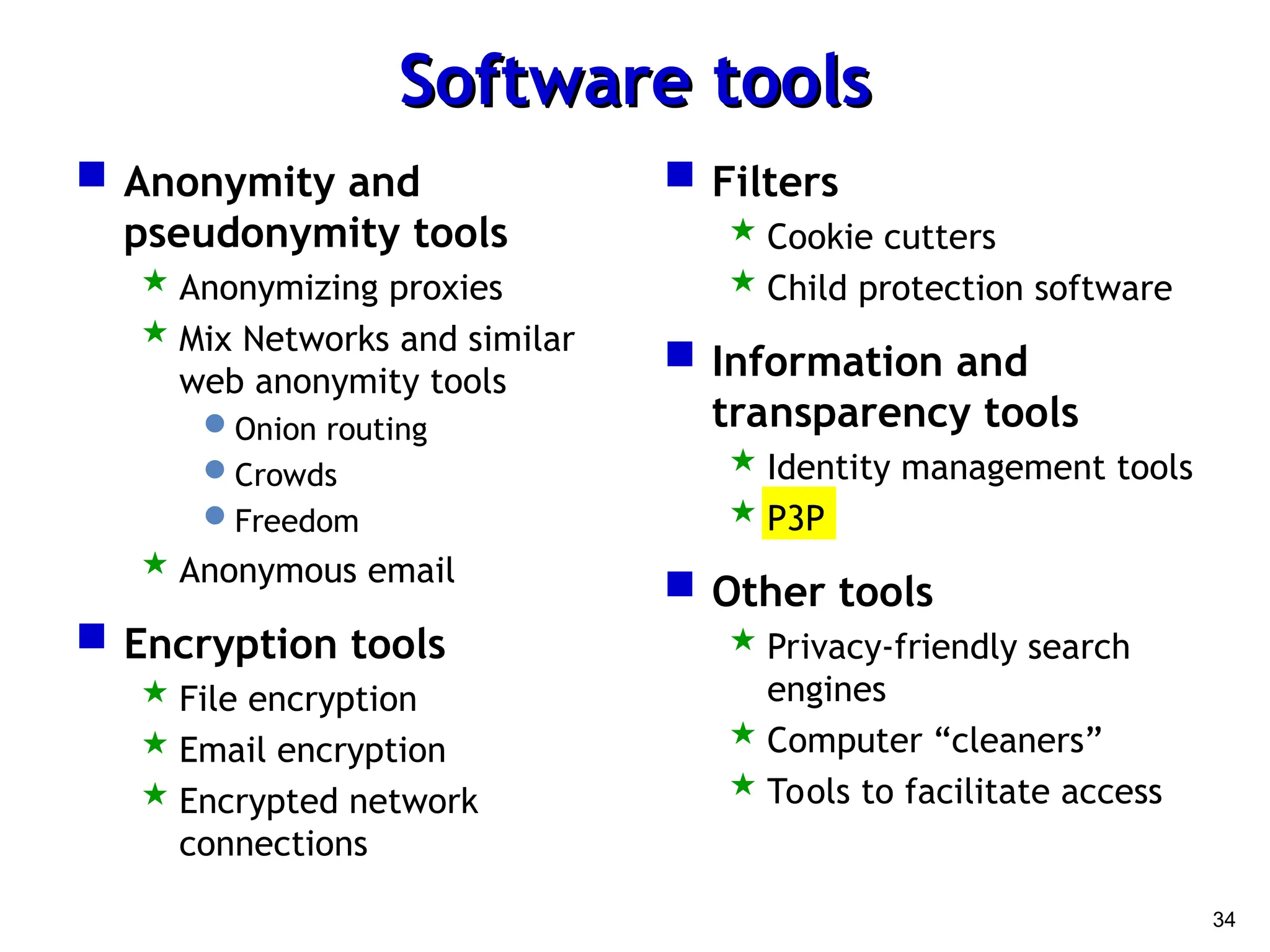 34
Software tools
Software tools
 Anonymity and
pseudonymity tools
 Anonymizing proxies
 Mix Networks and similar
web anonymity tools
Onion routing
Crowds
Freedom
 Anonymous email
 Encryption tools
 File encryption
 Email encryption
 Encrypted network
connections
 Filters
 Cookie cutters
 Child protection software
 Information and
transparency tools
 Identity management tools
 P3P
 Other tools
 Privacy-friendly search
engines
 Computer “cleaners”
 Tools to facilitate access
 