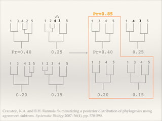 0.20 0.15
0.25Pr=0.40
1 23 4 5
1 2 4 3 51 23 4 5
1 2 3 4 5
Pr=0.85
0.20 0.15
0.25Pr=0.40
1 3 4 5 1 4 3 5
1 3 4 51 3 4 5
Cranston, K.A. and B.H. Rannala. Summarizing a posterior distribution of phylogenies using
agreement subtrees. Systematic Biology 2007: 56(4), pp. 578-590.
 