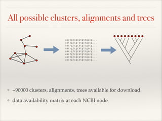 All possible clusters, alignments and trees
aactgtcgcatgttgacg...
aattgtcg-atgttgacg...
aac-gtcgcatgtcgacg...
aac-gtcgcatgtcgacg...
aac-gtcgcatgtcgacg...
aactgtcgcatgtcgacg...
aactgtcgcatgtcgacg...
aactgtcgcatgtcgacg...
❖ ~90000 clusters, alignments, trees available for download!
❖ data availability matrix at each NCBI node
 