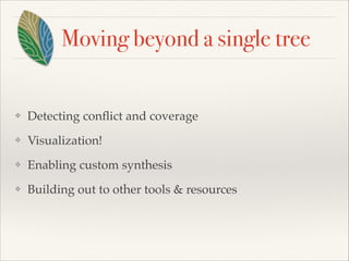 Moving beyond a single tree
❖ Detecting conﬂict and coverage!
❖ Visualization! !
❖ Enabling custom synthesis!
❖ Building out to other tools & resources
 
