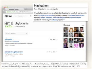 Stoltzfus, A., Lapp, H., Matasci, N., … Cranston, K.A., ... & Jordan, G. (2013). Phylotastic! Making
tree-of-life knowledge accessible, reusable and convenient. BMC bioinformatics, 14(1), 158.
 