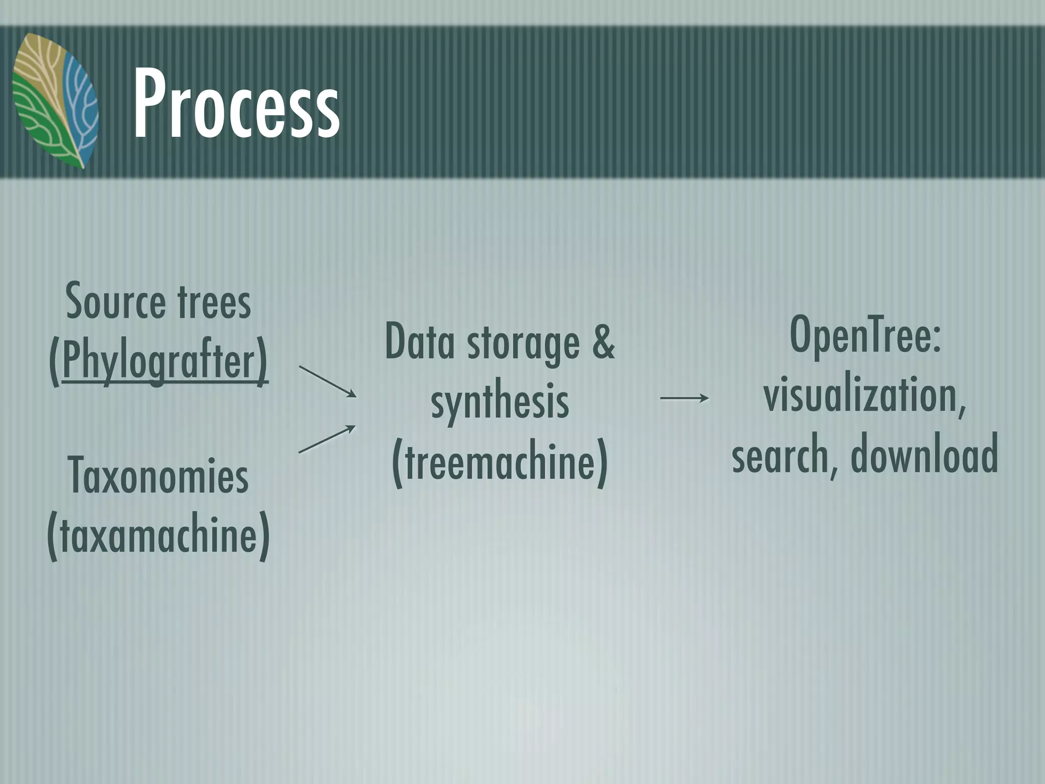 Process
Source trees
(Phylografter) Data storage &
synthesis
(treemachine)
OpenTree:
visualization,
search, downloadTaxonomies
(taxamachine)
 