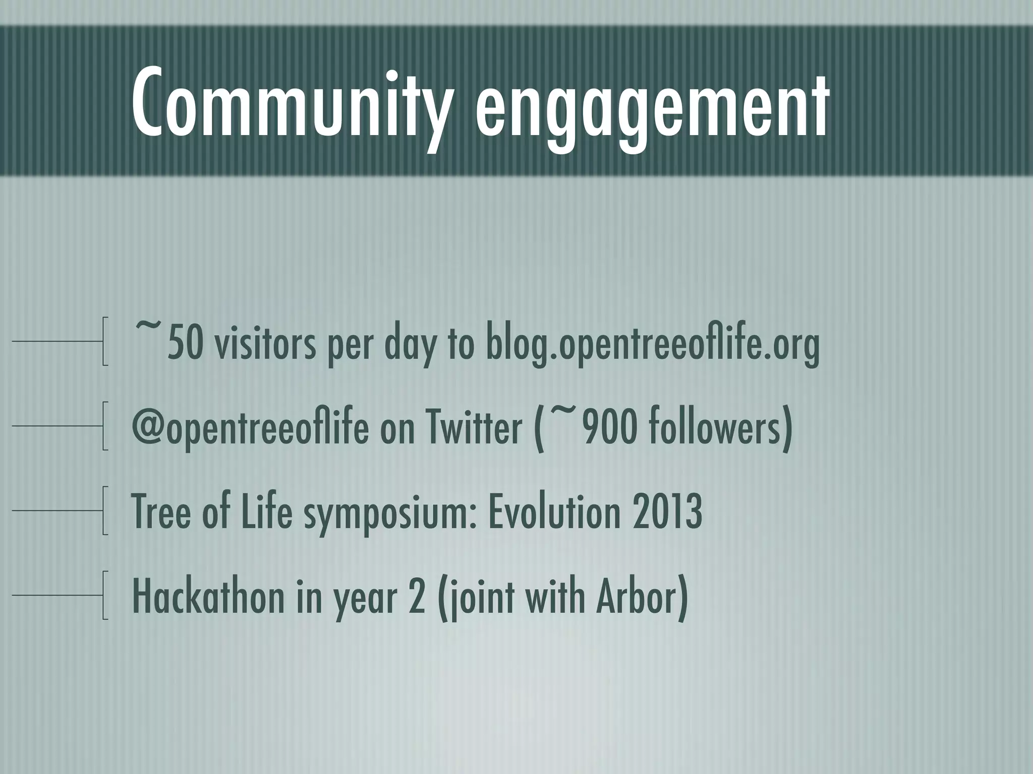 Community engagement
~50 visitors per day to blog.opentreeoﬂife.org
@opentreeoﬂife on Twitter (~900 followers)
Tree of Life symposium: Evolution 2013
Hackathon in year 2 (joint with Arbor)
 