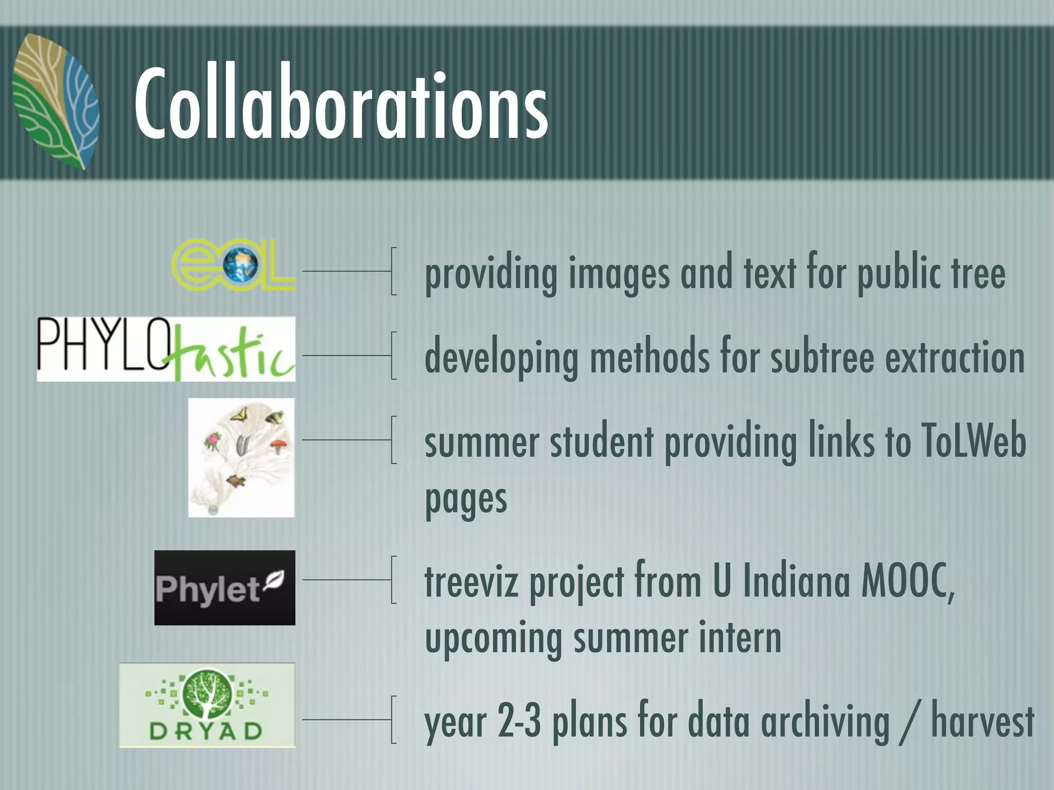 Collaborations
providing images and text for public tree
developing methods for subtree extraction
summer student providing links to ToLWeb
pages
treeviz project from U Indiana MOOC,
upcoming summer intern
year 2-3 plans for data archiving / harvest
 