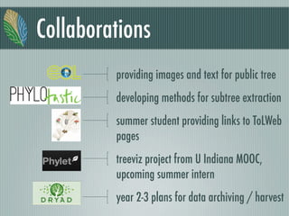 Collaborations
providing images and text for public tree
developing methods for subtree extraction
summer student providing links to ToLWeb
pages
treeviz project from U Indiana MOOC,
upcoming summer intern
year 2-3 plans for data archiving / harvest
 