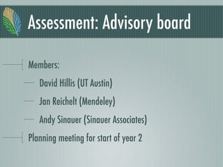 Assessment: Advisory board	
Members:
David Hillis (UT Austin)
Jan Reichelt (Mendeley)
Andy Sinauer (Sinauer Associates)
Planning meeting for start of year 2
 
